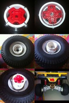 four different views of the wheels and tires of a toy truck