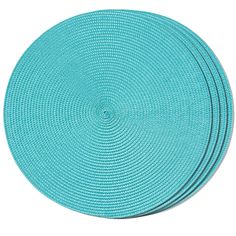 four round placemats in aqua blue on a white background