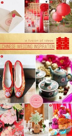 a collage of different pictures with red and pink flowers on them, including chinese wedding decorations