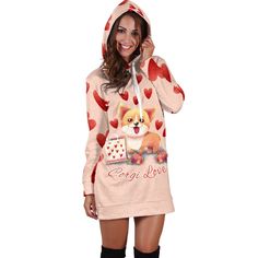 Corgi Love Hoodie Dress for Lovers of Corgis – BreakTheRulez  A beautiful Corgi dog with hearts and a little gift bag with a bone in it! Such a lovely dress!  #hooded #hoodies #hoodie #dresses #fashionable #corgi Love Hoodie, Corgi Dog, Lovely Dresses, Sweatshirt Dress, Piece Of Clothing, Hoodie Print