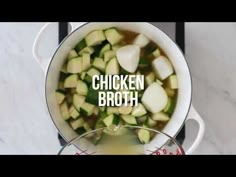 chicken broth in a pot on a scale with the words chicken broth above it