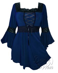 Renaissance in Midnight | Indigo Blue Gothic Victorian Corset Top Punk Tops, Gothic Mode, Victorian Corset, Bell Sleeve Shirt, Lace Corset Top, Lace Splicing, Lace Corset, Royal Purple, Loose Blouse