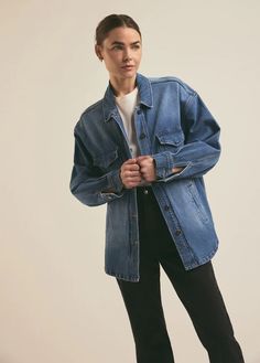 A shacket for all seasons. Cut from comfort-stretch denim, the Dad Shacket in Inez has been washed down to a classic blue with grit and texture creating highs and lows at the seams for a vintage look. It already feels broken in but will get even better with each wear.99% Cotton, 1% ElastaneBambi is 5'8" wearing size XS National Daughters Day, Daughters Day, Get Even, Favorite Daughter, Casual Style Outfits, Classic Blue, Vintage Look, New Shop, All Seasons