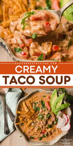 Whip up this creamy taco soup recipe! It will become one of your favorite fall comfort food dinners. What's not to love about an easy soup idea with ground beef that's hearty and cozy? Save this pin! Creamy Taco Soup, Dinner For Family, Recipe With Ground Beef, Comfort Soup Recipes, Healthy Ground Beef, Soup With Ground Beef, Taco Soup Recipe, Ground Beef Dishes, Ground Beef Tacos