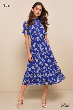 Get a lovely look for an evening out with the Lulus Floral Dressed Up Royal Blue Floral Print Midi Dress! Elegant cream and black floral print embellished lightweight woven chiffon as it forms a mock neck (with back button closure), sheer decolletage and short sleeves, and a darted bodice. Elastic waist tops a tiered skirt that flows to a modest midi length. Pair with strappy heels and a clutch for the perfect date night 'fit! Fit: This garment fits true to size. Length: Mid-calf length. Size me Summer Dresses With Sleeves, Midi Dress Elegant, The Perfect Date, Casual Summer Wear, Tiered Skirts, Floral Print Midi Dress, Winter Color, Black Floral Print, Print Midi Dress