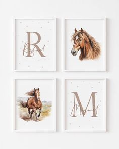 four framed pictures with horses on them in the shape of letter m, r, and f