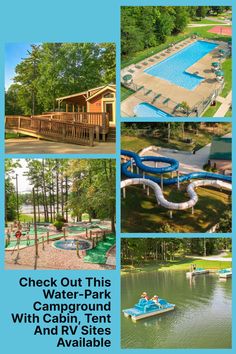 a collage of photos showing the various pools and water slides at check out this western - park campground with cabin ten and rv sites available