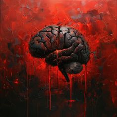 a painting of a brain with blood dripping from it