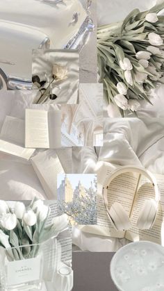 a collage of photos with flowers and books