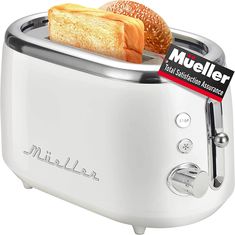 a white toaster with two pieces of bread in it and a label on the side