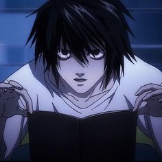 an anime character with black hair and white shirt holding his hands up to his chest