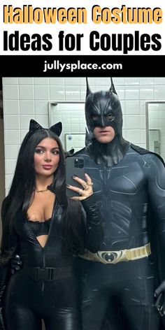 two people dressed up as batman and catwoman in the bathroom with text that reads, halloween costume ideas for couples