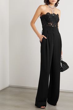 Black Grosgrain-trimmed lace bustier top | DOLCE & GABBANA | NET-A-PORTER Luxury Bustier Bra For Women, Luxury Bustier Corset With Sheer Bodice, Black Lace Tuxedo, Black Leather Pants Wedding, Luxury Edgy Mid-rise Bottoms, Bustier For Plus Size, Bustier Top Outfits, Bustier Outfit, Lace Bustier Top