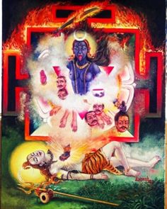 an image of the hindu god surrounded by other deities and their avatars on fire