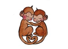 two monkeys hugging each other on a white background