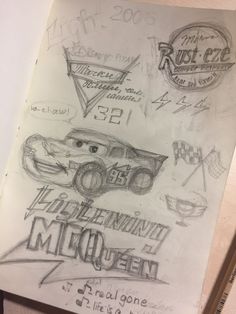 a drawing of cars and logos on paper