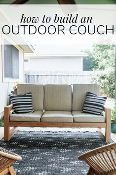 an outdoor couch with text overlay that says how to build an outdoor couch