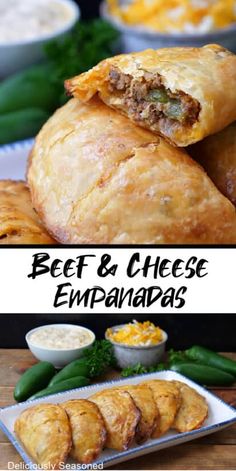 beef and cheese empanadas on a plate with other food items in the background