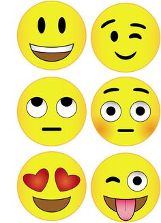 six smiley faces with different expressions and hearts on their eyes, all in various positions