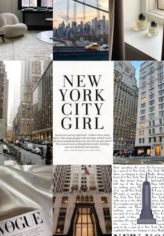 the new york city girl is featured in this collage with buildings and skyscrapers