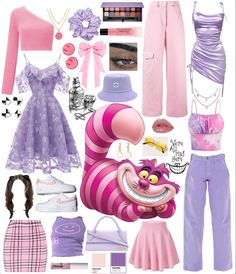 This is a collage of clothing inspirations to create a DIY Cheshire Cat halloween costume. It includes lots of pink and purple, as well as stripes and smiles. Disney Character Themed Birthday Party, Chesire Cat Inspired Outfit, Chesire Cat Aesthetic Outfit, Cheshire Cat Outfits, Outfits Inspired By Alice In Wonderland, Alice And Wonderland Outfit Ideas, Chesire Cat Costume Aesthetic, Shein Disney Outfit, Disney World Character Outfits