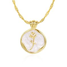 The "Golden Rose Pendant" intertwines the timeless elegance of a rose with the gentle shimmer of mother-of-pearl, creating a piece that speaks of lasting love and natural beauty. As a gift, it's a warm embrace in gold, offering a daily reminder of affection and inner grace. Perfect for self-adornment or as a token for someone dear, this pendant is a celebration of love's eternal bloom--a treasure to cherish, just like the bond it represents. Specification: Material: Gold setting and chain are Ve Elegant Rose Jewelry For Mother's Day, Elegant Rose-colored Jewelry As A Gift For Her, Feminine Jewelry With Rose Design For Gifts, Feminine Rose Design Jewelry Gift, Feminine Rose Jewelry For Gifts, Elegant Rose Design Necklace For Mother's Day, Elegant Rose Design Jewelry For Valentine's Day, Elegant Roses Necklace For Mother's Day, Anniversary Rose Gold Necklace With Pearl Pendant