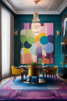 a dining room with colorful rugs and art on the wall behind it, along with yellow chairs