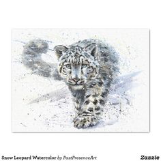 a painting of a snow leopard running through the snow with blue eyes and white fur