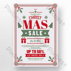 a christmas sale flyer with presents on the front and bottom, in red and green