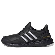 The Adidas UltraBoost DNA 'Black Leather' is a special edition shoe that pays tribute to the classic Superstar silhouette. The shoe is made with a full-leather upper in black, with white three-stripes and gold branding details. It also features a ridged toe cap for added style. This shoe is perfect for anyone who loves the Adidas brand and wants a stylish and comfortable shoe to wear. (SNKR/Light/Unisex/Low Top/Wear-resistant/Shock-absorbing) Leather Sneakers With Three Stripes For Streetwear, Classic Leather Sneakers With Three Stripes, Classic Black Sneakers With Three Stripes, Black Sneakers With Three Stripes Branding, Black Leather Adidas Sneakers, Streetwear Sneakers With Signature Stripes And Round Toe, Adidas Ultraboost Dna, Black Clouds, Adidas Brand