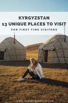 a woman sitting on the ground in front of two yurts with text overlay