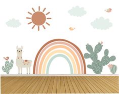 an image of a wall mural with animals and rainbows in the background on a wooden floor