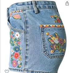 Cute Denim Shorts With Designs On The Front And Back - Size: Small - Denim Cotton No Stretch - Embroidery - Never Worn Embroidered Denim Blue Jean Shorts, Embroidered Medium Wash Denim Jean Shorts, Casual Embroidered Cotton Jean Shorts, Trendy Embroidered Mid-rise Bottoms, Casual Cotton Embroidered Jean Shorts, Casual Embroidered Jean Shorts For Summer, Bohemian Embroidered Denim Bottoms, Bohemian Denim Bottoms With Floral Embroidery, Summer Embroidered Cotton Jeans