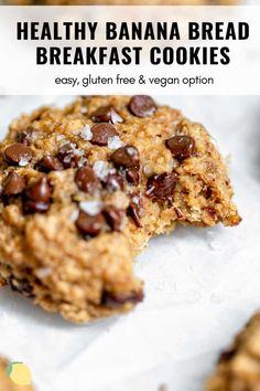 healthy banana bread breakfast cookies with chocolate chips on top and text overlay that reads easy, gluten free & vegan option