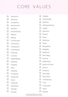 a pink and white checklist with the words core value in english, french, and spanish