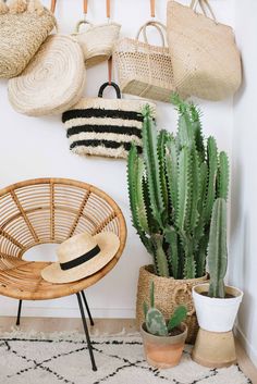 some plants and baskets hanging on the wall next to a wicker chair in front of a cactus