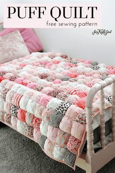 a pink and white quilted bed frame with the words puff quilt free sewing pattern