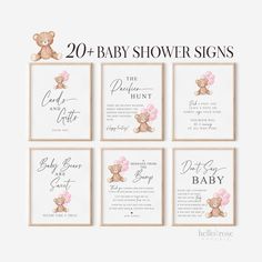 baby shower signs with teddy bear and flowers on them, set of four in white frame