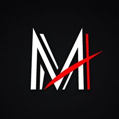 the letter m is made up of white and red lines on a black background,