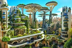 the futuristic city is surrounded by trees and plants