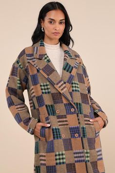 City winters just got a little more aesthetic, thanks to the Native Youth Emrys Brown Multi Checkered Patchwork Double Breasted Coat! Sturdy, woven wool-blend fabric shapes this ultra-cool coat that has a multicolored design of alternating plaid squares, creating a patchwork-inspired effect. Long sleeves frame a double-breasted silhouette with a collared neckline, peaked lapels, two functional buttons and a third hidden internal button. Functional, twin welt pockets complete the longline design. Checkered Coat, Cool Coats, Double Breasted Coat, Long Coat, Long A Line, Welt Pockets, Double Breasted, Wool Blend, Autumn Fashion