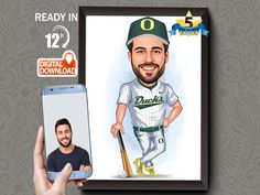 a digital caricature of a baseball player holding a bat next to a cell phone