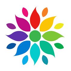 a colorful flower with leaves on it's petals is shown in the center of this logo