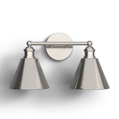 two light bathroom fixture in brushed steel finish with white glass shades on both sides and an off - white background