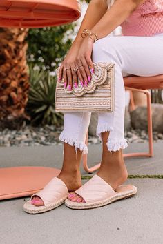 Slip into style with our trendy light pink 'Villa' sandal featuring a wide faux leather over-the-foot strap with diagonal quilted texturing, a rounded open toe, a flat woven sole, and a lightweight slip-on silhouette! These sandals run more true to size. Pink Sandals For Spring Day Out, Summer Blush Sandals For Beach, Blush Round Toe Sandals For Summer, Blush Round Toe Summer Sandals, Blush Open Toe Sandals For Spring, Pink Sandals With Textured Footbed For Spring, Pink Synthetic Sandals With Woven Sole, Pink Sandals With Woven Sole, Pink Open Toe Sandals For Day Out