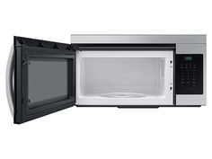 a microwave oven with its door open on a white background and black trimmings