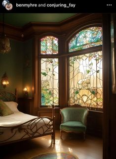 a bedroom with stained glass windows and a bed in the corner next to a chair