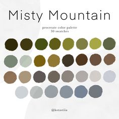 the color palette for misty mountain is shown in shades of brown, green and blue