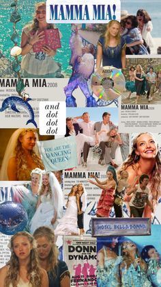 the collage has many different pictures and words on it, including one that says mamma mia