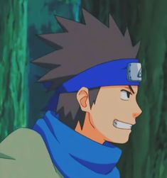 an anime character wearing a blue scarf and headgear with his eyes closed in front of trees